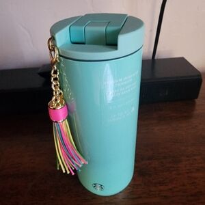 Starbucks Tumbler With Blue and Pink Tassel Keychain Accessory